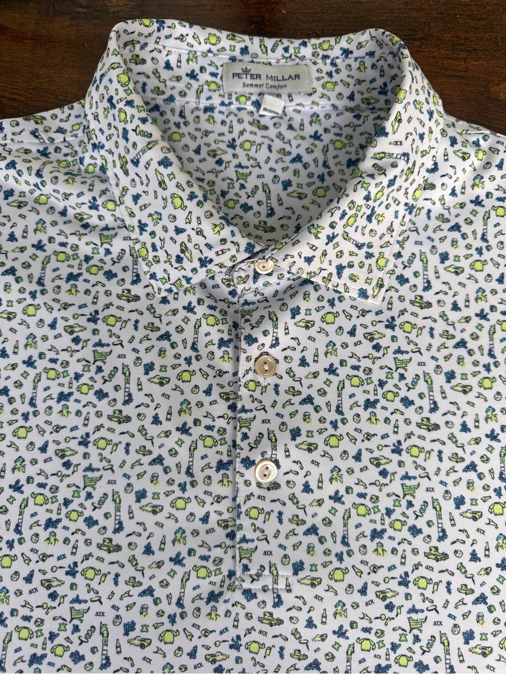 Philly Cricket GOLF CLUB Peter Millar White Polo with Blue & Green Microprint XL